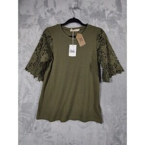 Grace + Emma Womens Olive Green Waffle Knit Top Floral Crochet Lace Sleeve XS